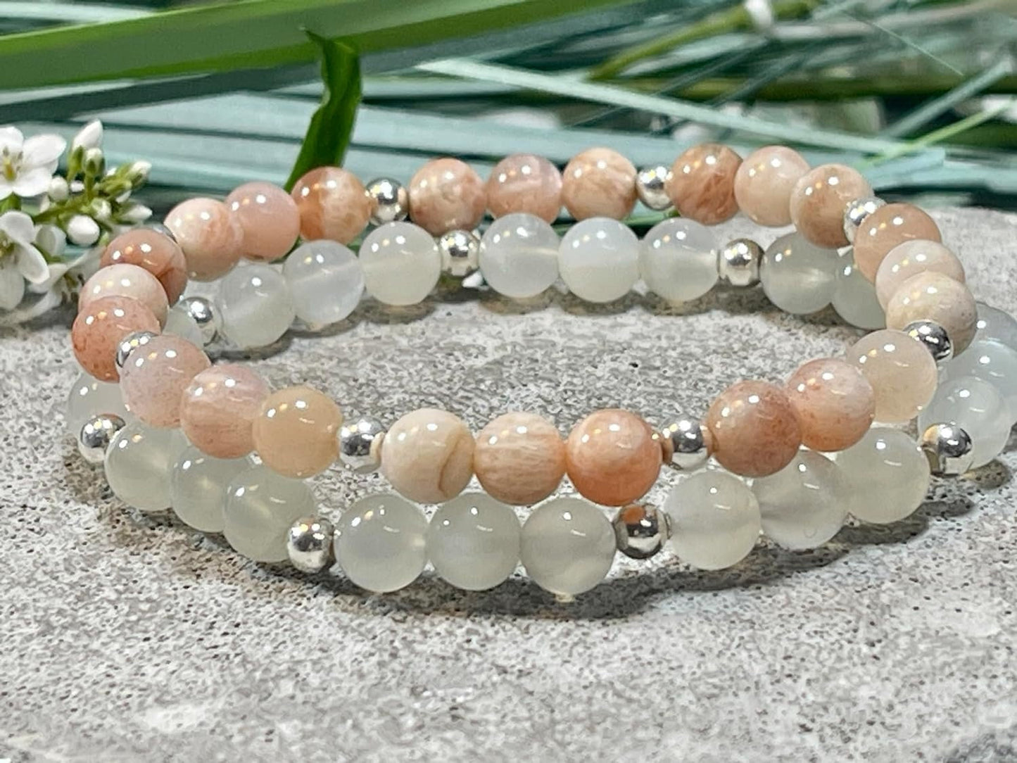 Armband Mondstein Perlen echt 6mm mit Sterling Silber 925 Perlen Gold Roségold plated - Sensibilität Fruchtbarkeit Weiblichkeit - Spirituell