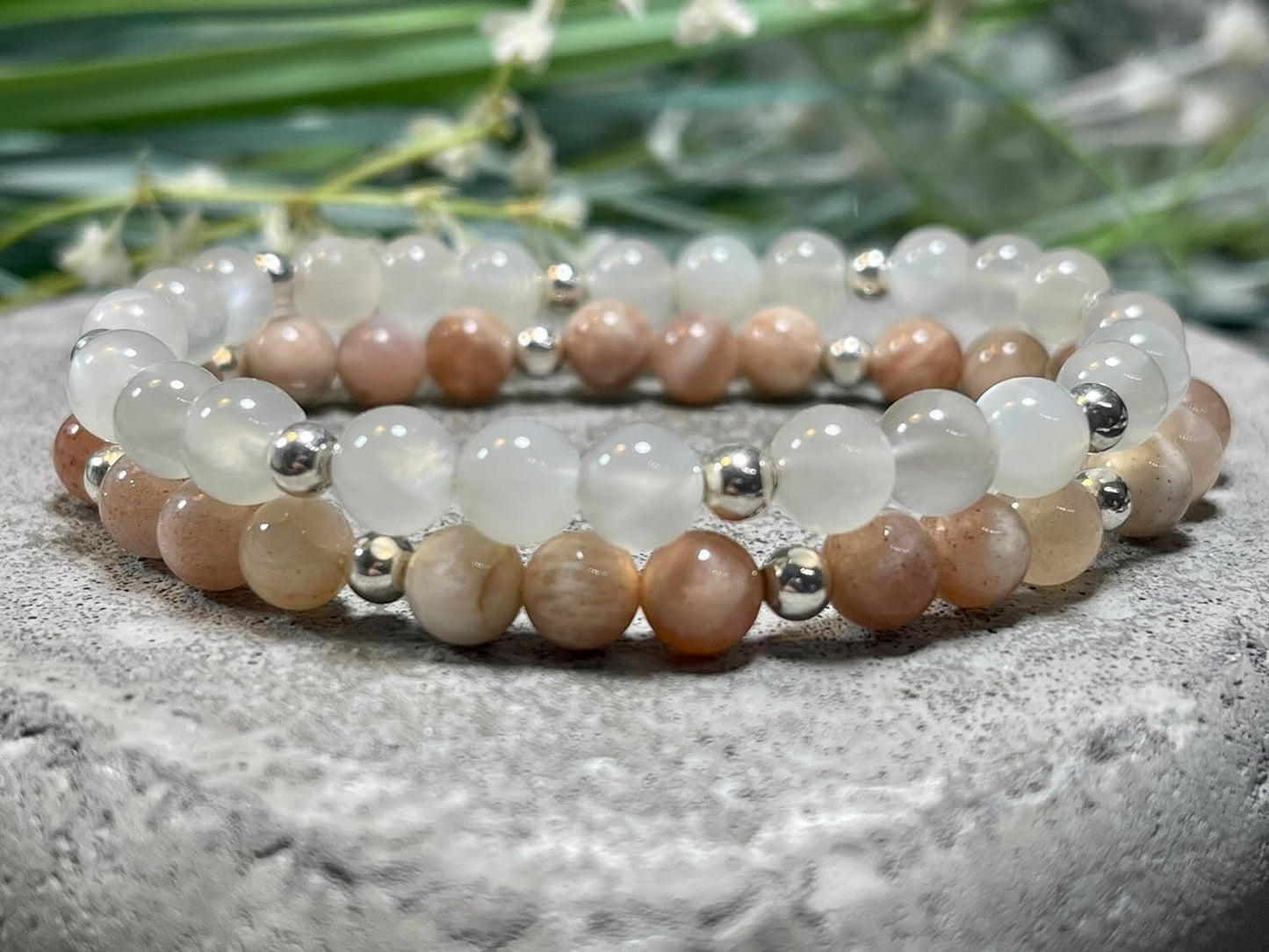 Armband Sonnenstein Mondstein Mix Perlen echt 6mm Sterling Silber 925 Perlen Gold Roségold plated -  Weiblichkeit Heiterkeit Herzenswärme