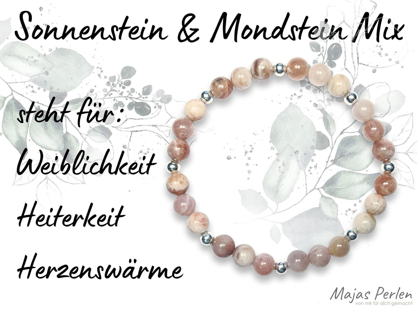 Armband Sonnenstein Mondstein Mix Perlen echt 6mm Sterling Silber 925 Perlen Gold Roségold plated -  Weiblichkeit Heiterkeit Herzenswärme