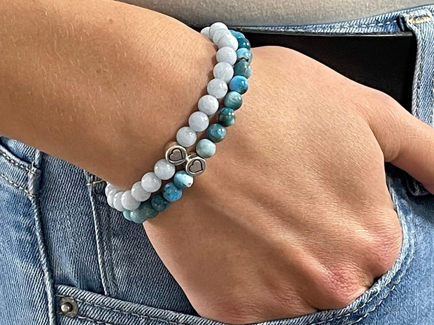 Armband Aquamarin echter Naturstein mit Herz DQ - Silber Gold Roségold Gunmetal - spirituelles Armband - starker Schutzstein - spirituell