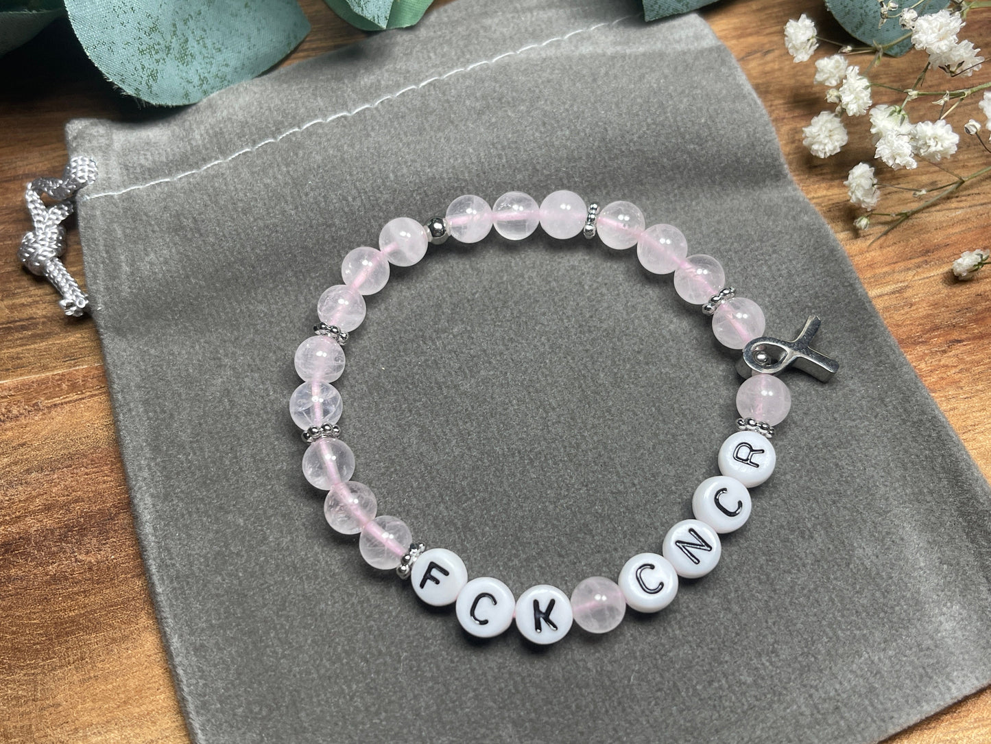 Perlenarmband Fuck Cancer Rosenquarz Krebsschleife Edelstahl Silber - verschiedene Natursteine - Glücksbringer Krebs Aufmunterung