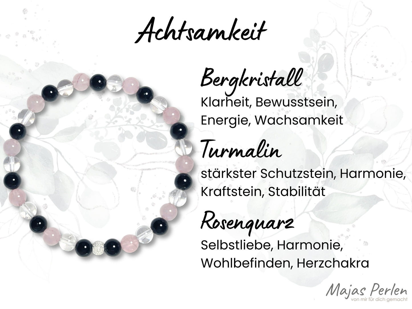 Armband Achtsamkeit Bergkristall Turmalin Rosenquarz echt 6mm mit 925er Sterling Silber Gold Roségold 5mm facettiert - Handmade