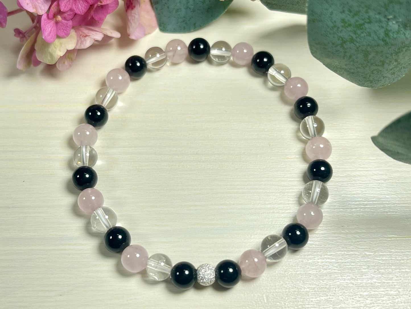 Armband Achtsamkeit Bergkristall Turmalin Rosenquarz echt 6mm mit 925er Sterling Silber Gold Roségold 5mm facettiert - Handmade