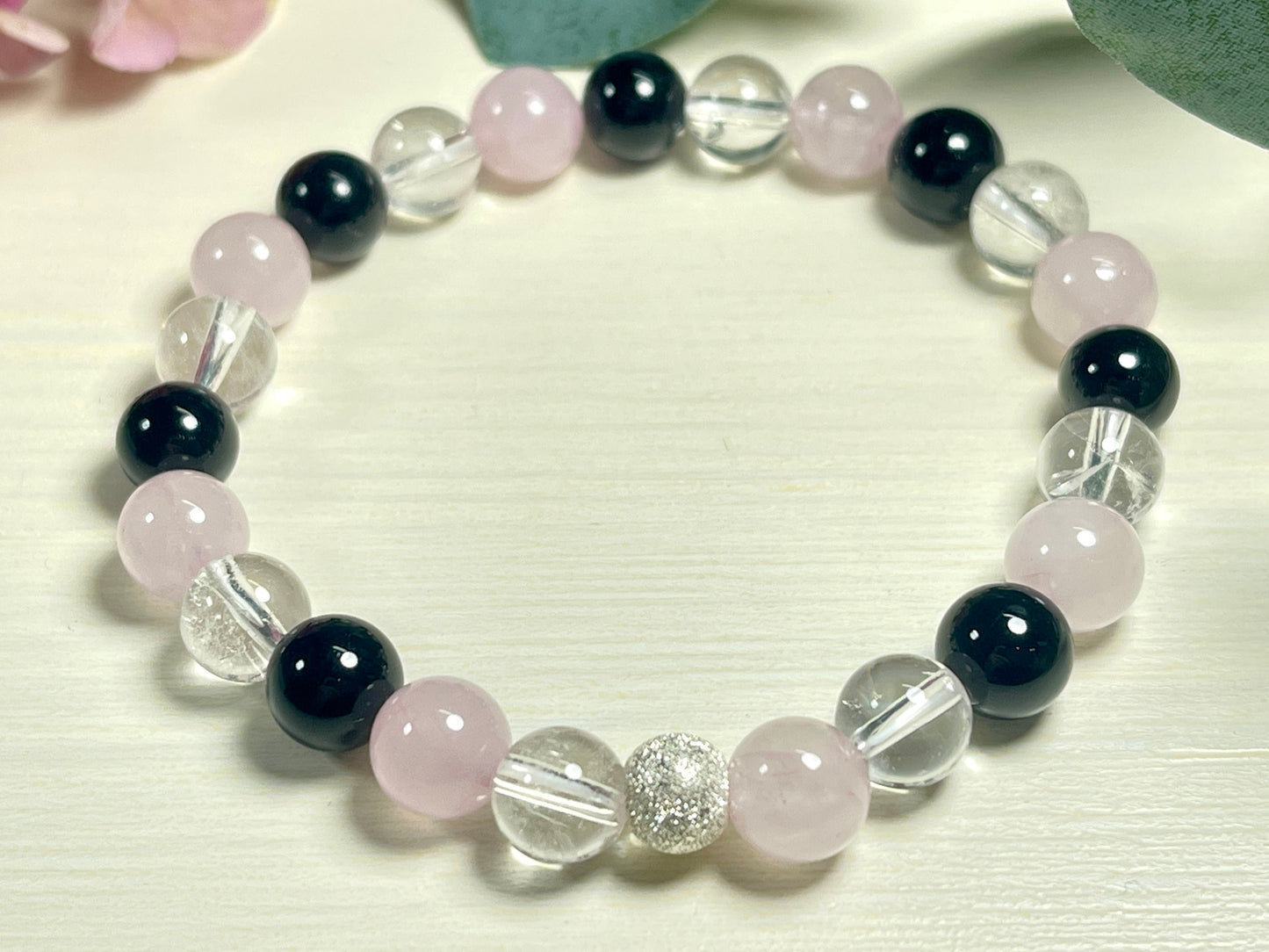 Armband Achtsamkeit Bergkristall Turmalin Rosenquarz echt 8mm mit 925er Sterling Silber Gold Roségold 7mm facettiert - Handmade