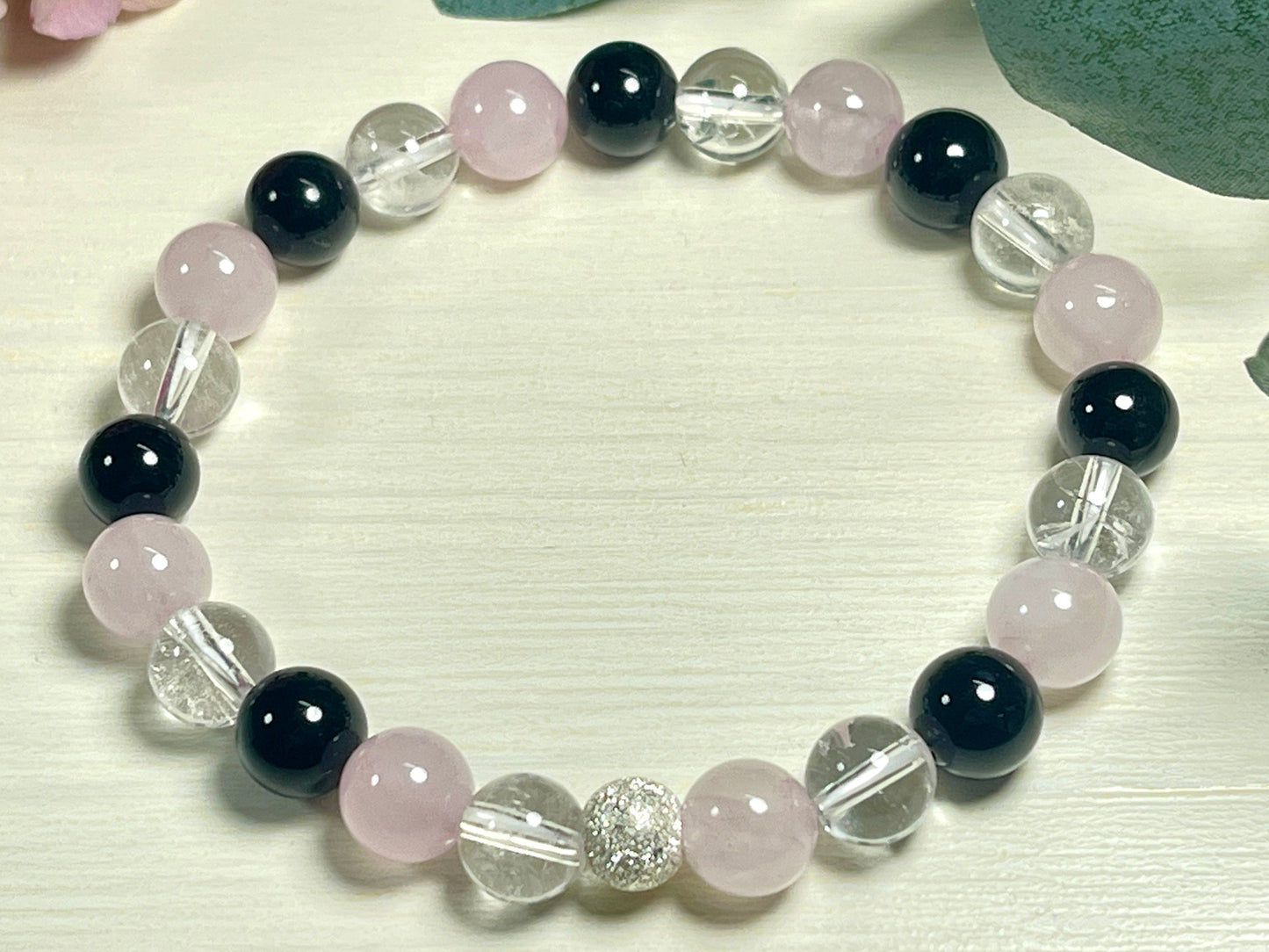 Armband Achtsamkeit Bergkristall Turmalin Rosenquarz echt 8mm mit 925er Sterling Silber Gold Roségold 7mm facettiert - Handmade