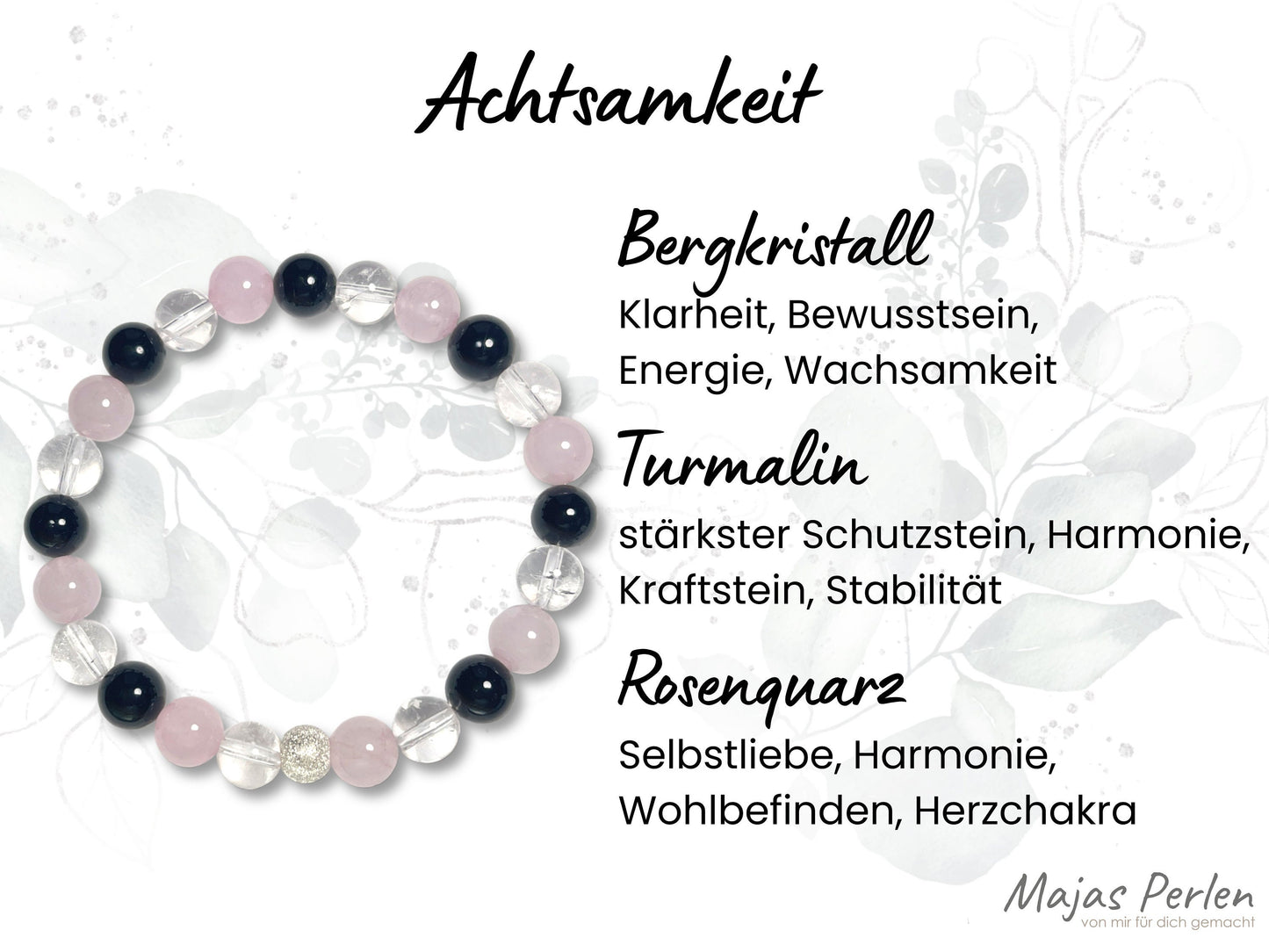 Armband Achtsamkeit Bergkristall Turmalin Rosenquarz echt 8mm mit 925er Sterling Silber Gold Roségold 7mm facettiert - Handmade