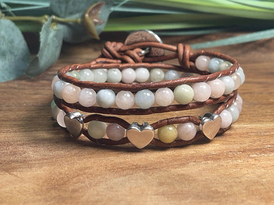 Wickelarmband Morganit echte Natursteine Leder und DQ_Herzen - gewickeltes Perlenarmband - Boho Stil - Edelstein nach Wunsch