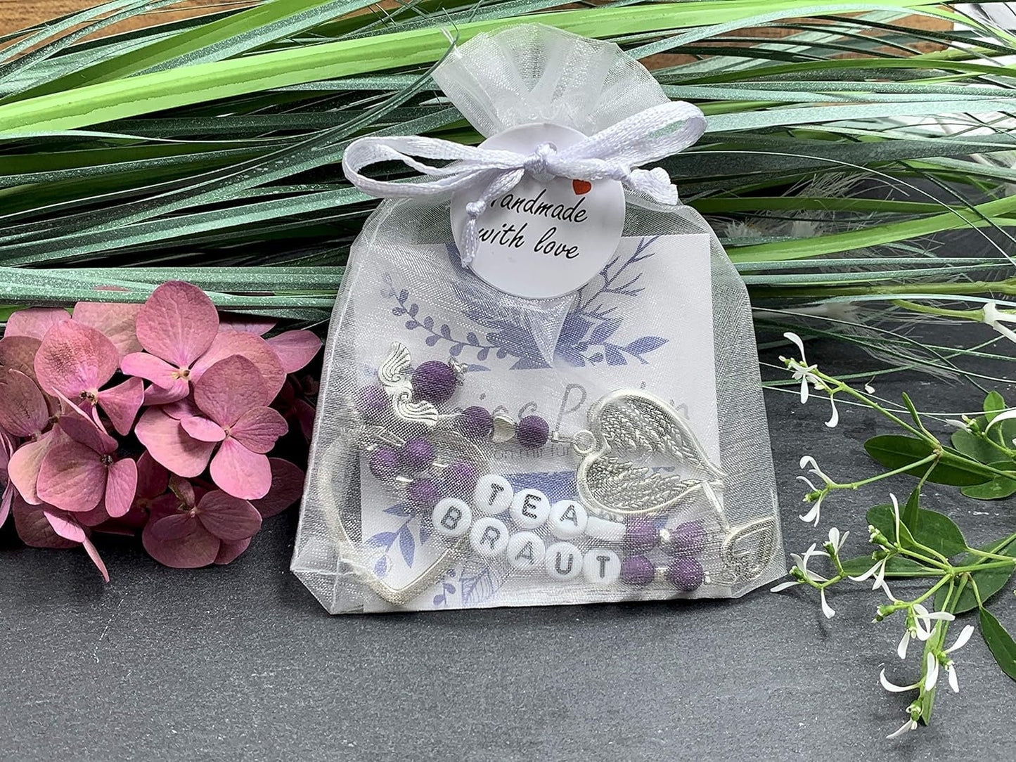 Schlüsselanhänger Team Braut  - Acryl Perlen 6 mm Purple - Edelstein möglich - Geschenk JGA Brautmama Brautjungfer - viele Farben wählbar