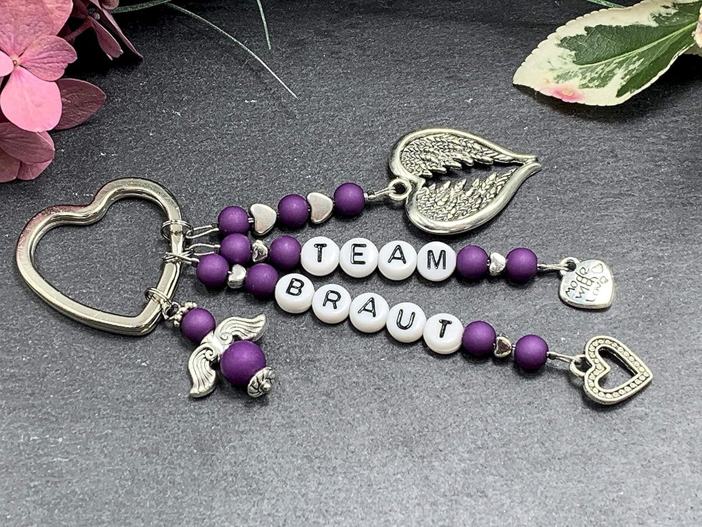 Schlüsselanhänger Team Braut  - Acryl Perlen 6 mm Purple - Edelstein möglich - Geschenk JGA Brautmama Brautjungfer - viele Farben wählbar