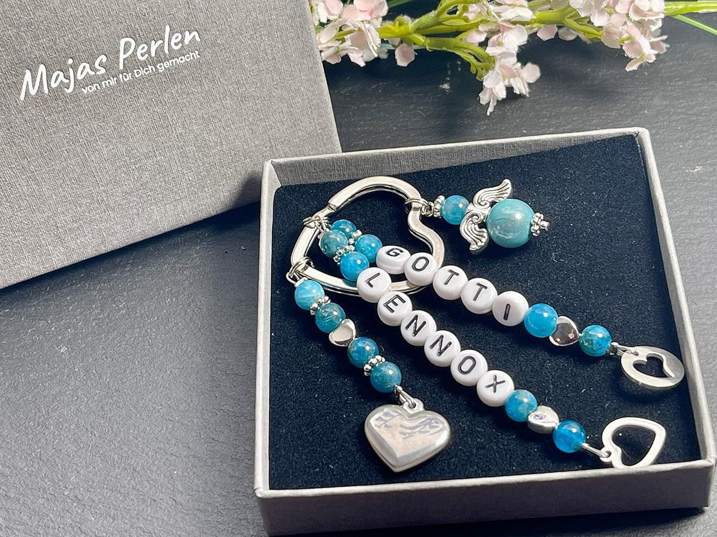 Schlüsselanhänger Gotti und Name Apatit echt - Geschenk Frage Patenschaft Andenken Taufe Taufgeschenk -  Edelstein wählbar personalisierbar