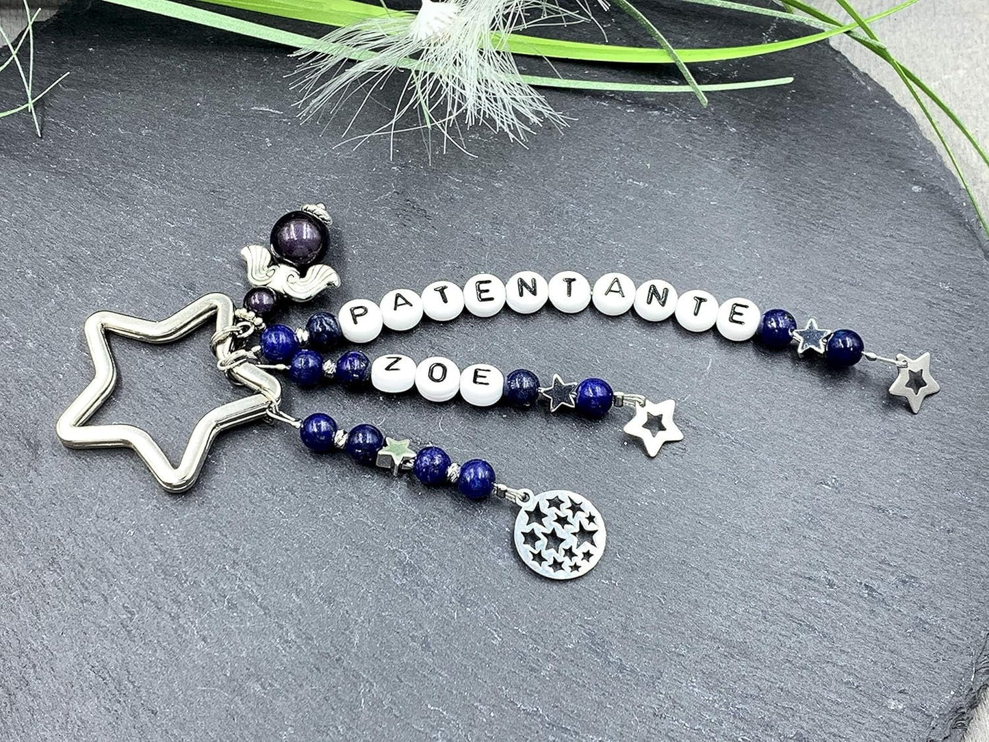 Schlüsselanhänger Patentante und Name Lapislazuli - Geschenk Frage Patenschaft Andenken Taufe Taufgeschenk -  Edelsteine wählbar anpassbar