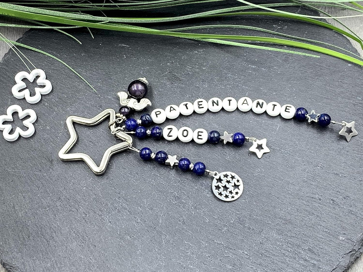 Schlüsselanhänger Patentante und Name Lapislazuli - Geschenk Frage Patenschaft Andenken Taufe Taufgeschenk -  Edelsteine wählbar anpassbar