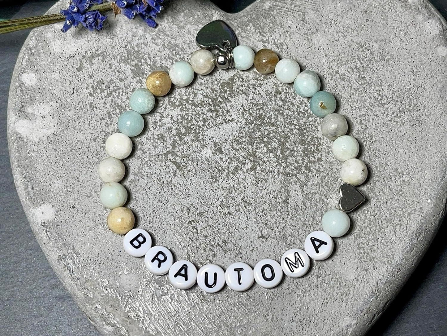 Armband Brautoma Amazonit  - Herz Platiniert - Perlenarmband Großmutterder Braut Brautmama Hochzeit - personalisierbar Edelstein wählbar