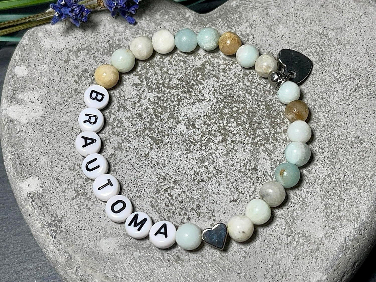 Armband Brautoma Amazonit  - Herz Platiniert - Perlenarmband Großmutterder Braut Brautmama Hochzeit - personalisierbar Edelstein wählbar