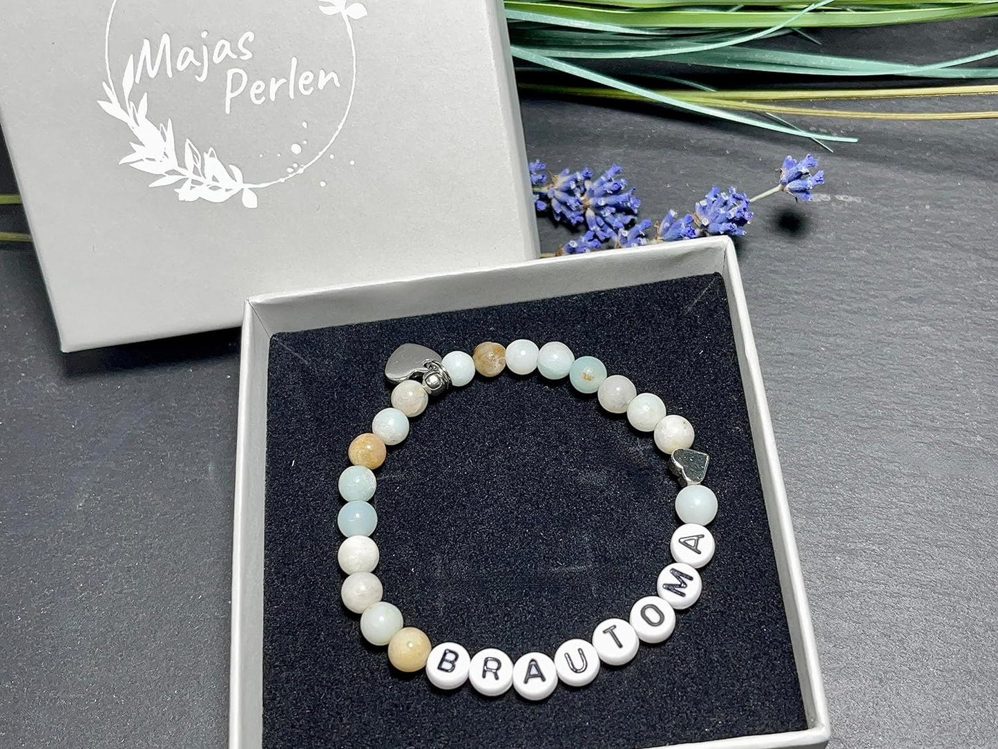 Armband Brautoma Amazonit  - Herz Platiniert - Perlenarmband Großmutterder Braut Brautmama Hochzeit - personalisierbar Edelstein wählbar
