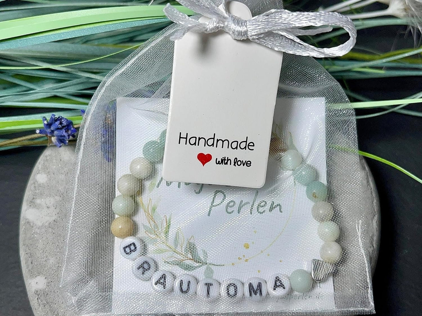 Armband Brautoma Amazonit  - Herz Platiniert - Perlenarmband Großmutterder Braut Brautmama Hochzeit - personalisierbar Edelstein wählbar
