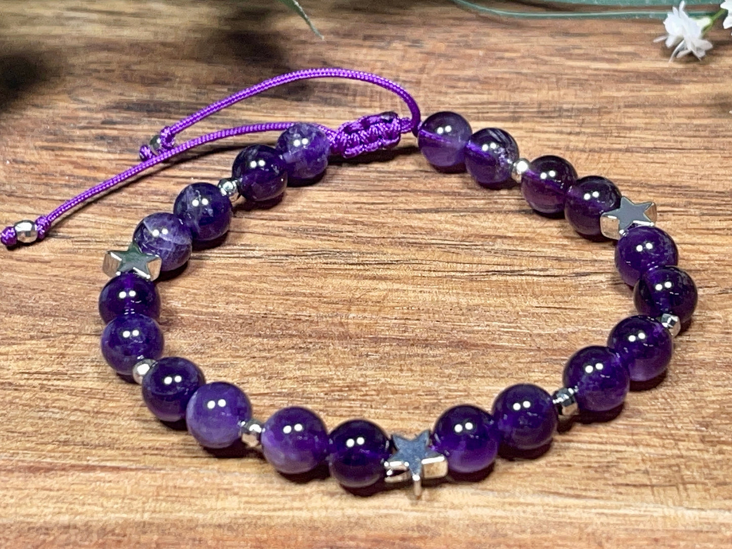 Perlenarmband Amethyst echter Naturstein Makramee - Sterne Facettenperlen platiniert - Geschenk Lieblingsmensch - verschiedene Edelsteine