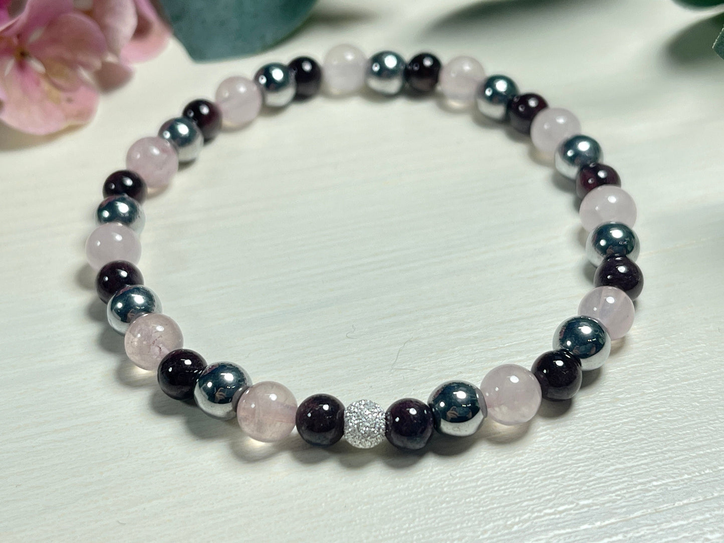 Armband Fruchtbarkeit Granat Rosenquarz Hämatit echt 6mm mit 925er Sterling Silber Gold Roségold 5mm facettiert - Handmade