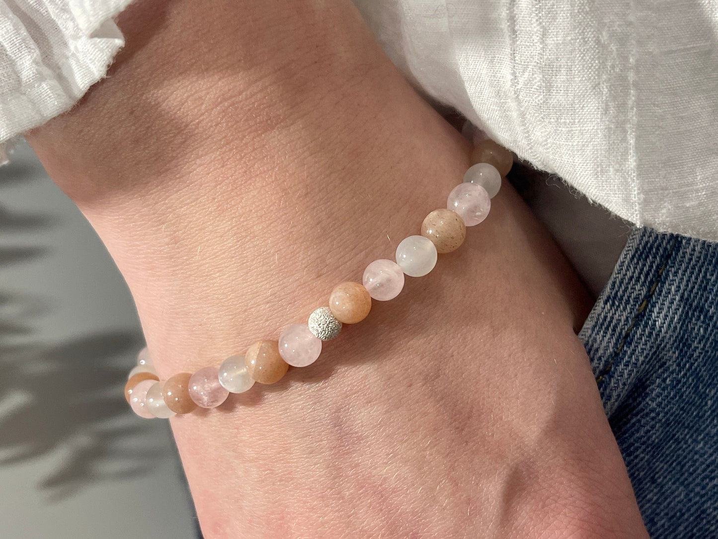 Armband Herzenswärme Rosenquarz Mondstein Sonnenstein echt 6mm mit 925er Sterling Silber Gold Roségold 5mm facettiert - Handmade