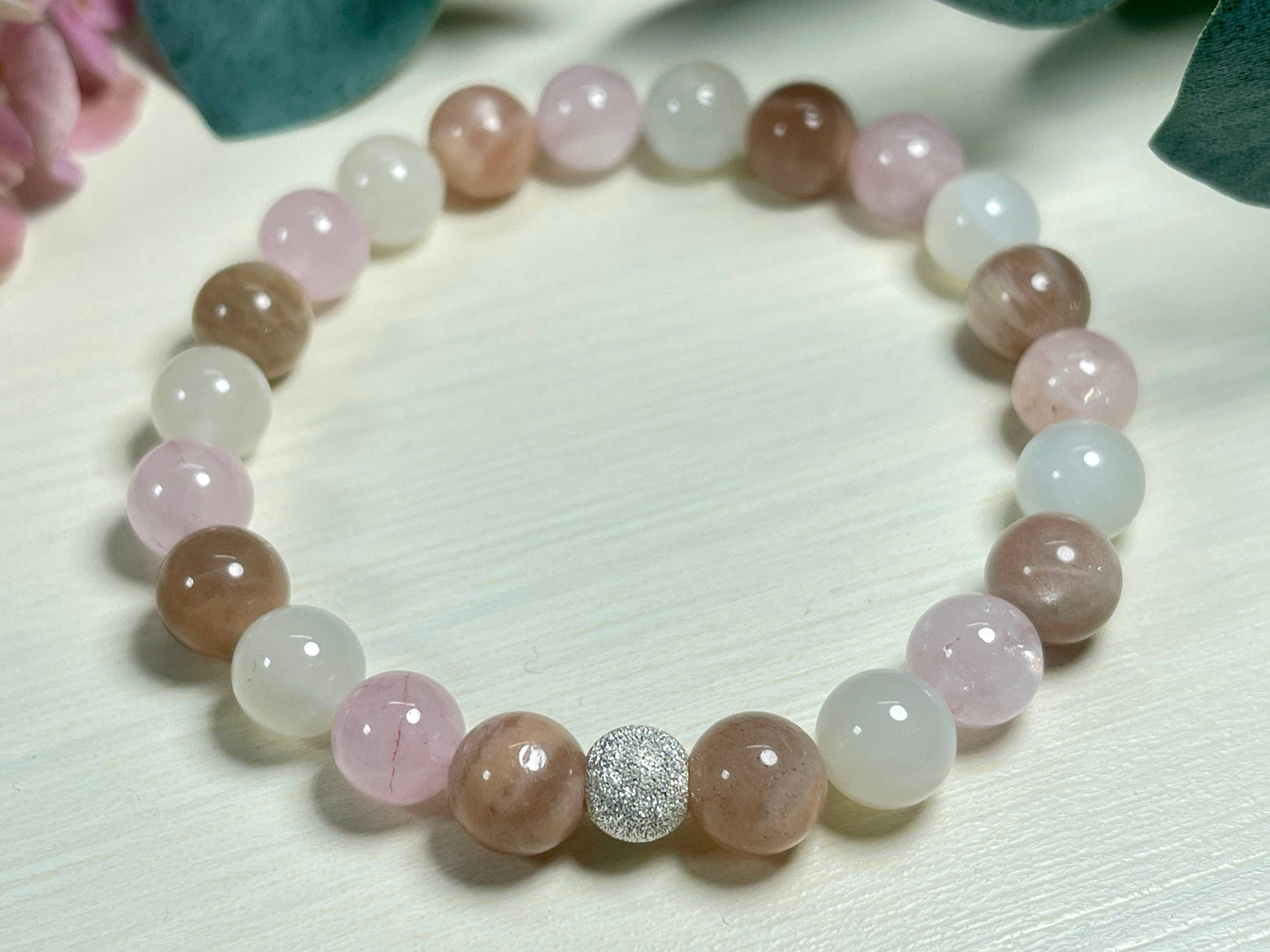 Armband Herzenswärme Rosenquarz Mondstein Sonnenstein echt 8mm mit 925er Sterling Silber Gold Roségold 7mm facettiert - Handmade