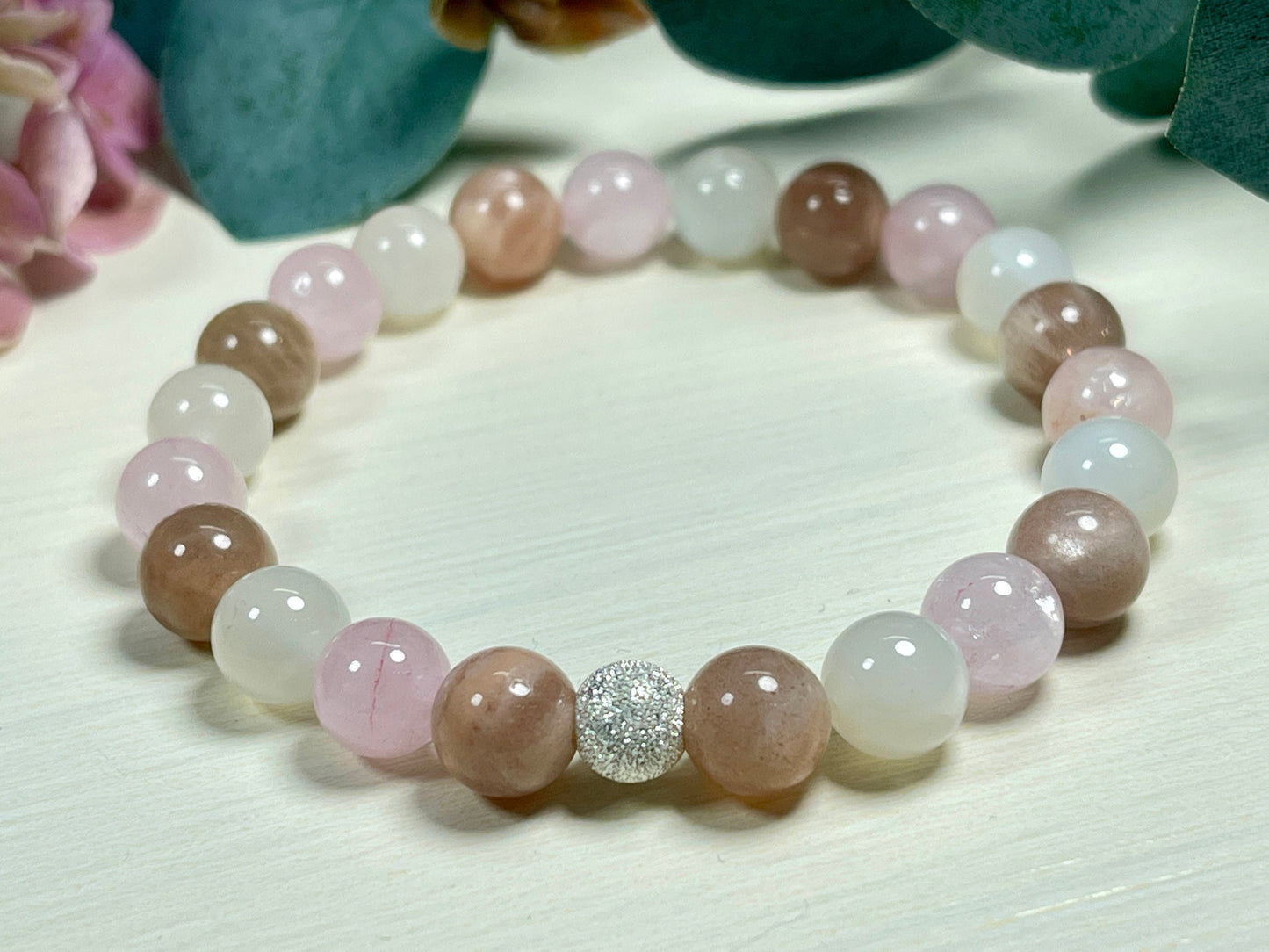 Armband Herzenswärme Rosenquarz Mondstein Sonnenstein echt 8mm mit 925er Sterling Silber Gold Roségold 7mm facettiert - Handmade