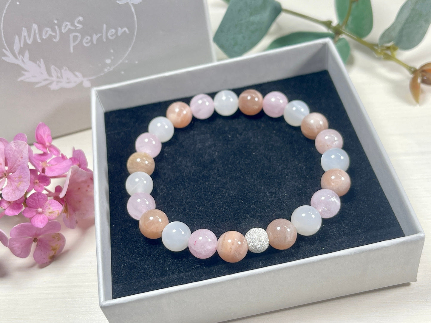 Armband Herzenswärme Rosenquarz Mondstein Sonnenstein echt 8mm mit 925er Sterling Silber Gold Roségold 7mm facettiert - Handmade