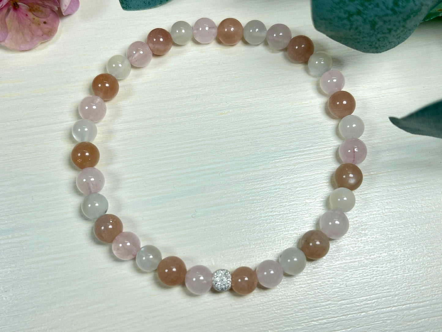 Armband Herzenswärme Rosenquarz Mondstein Sonnenstein echt 6mm mit 925er Sterling Silber Gold Roségold 5mm facettiert - Handmade