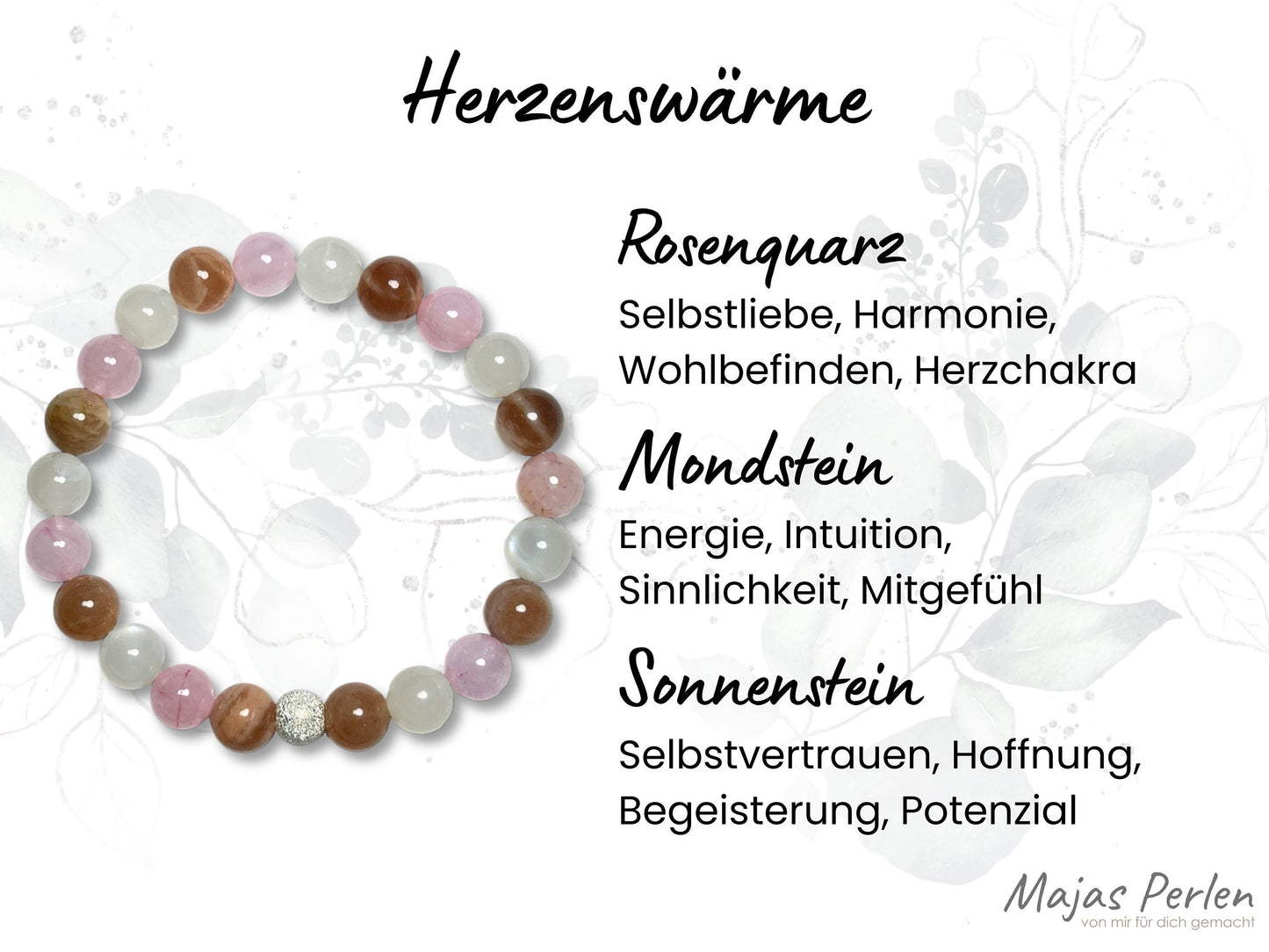 Armband Herzenswärme Rosenquarz Mondstein Sonnenstein echt 8mm mit 925er Sterling Silber Gold Roségold 7mm facettiert - Handmade