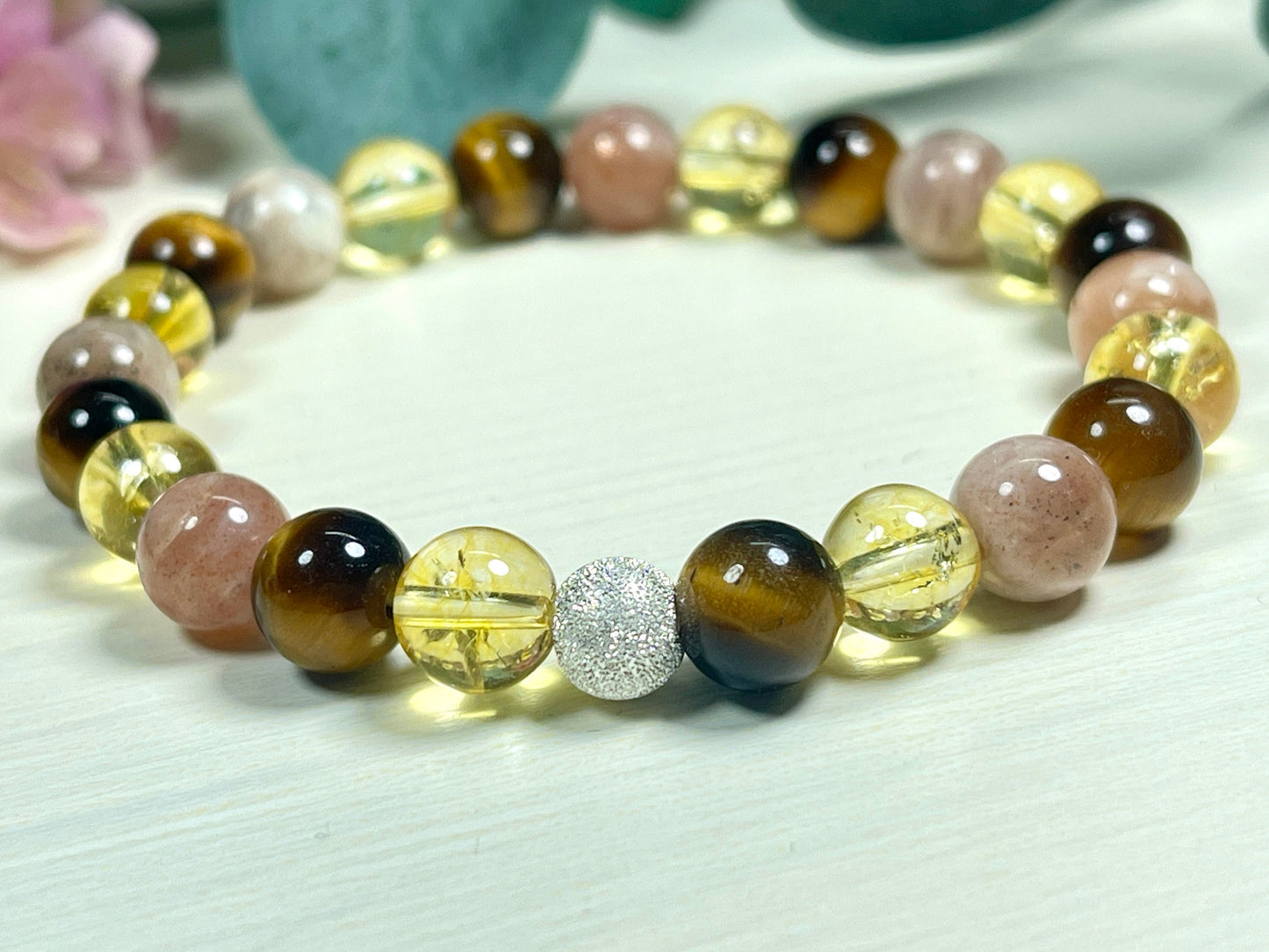 Armband Optimismus Citrin Tigerauge Sonnenstein echt 8mm mit 925er Sterling Silber Gold Roségold 7mm facettiert - Handmade