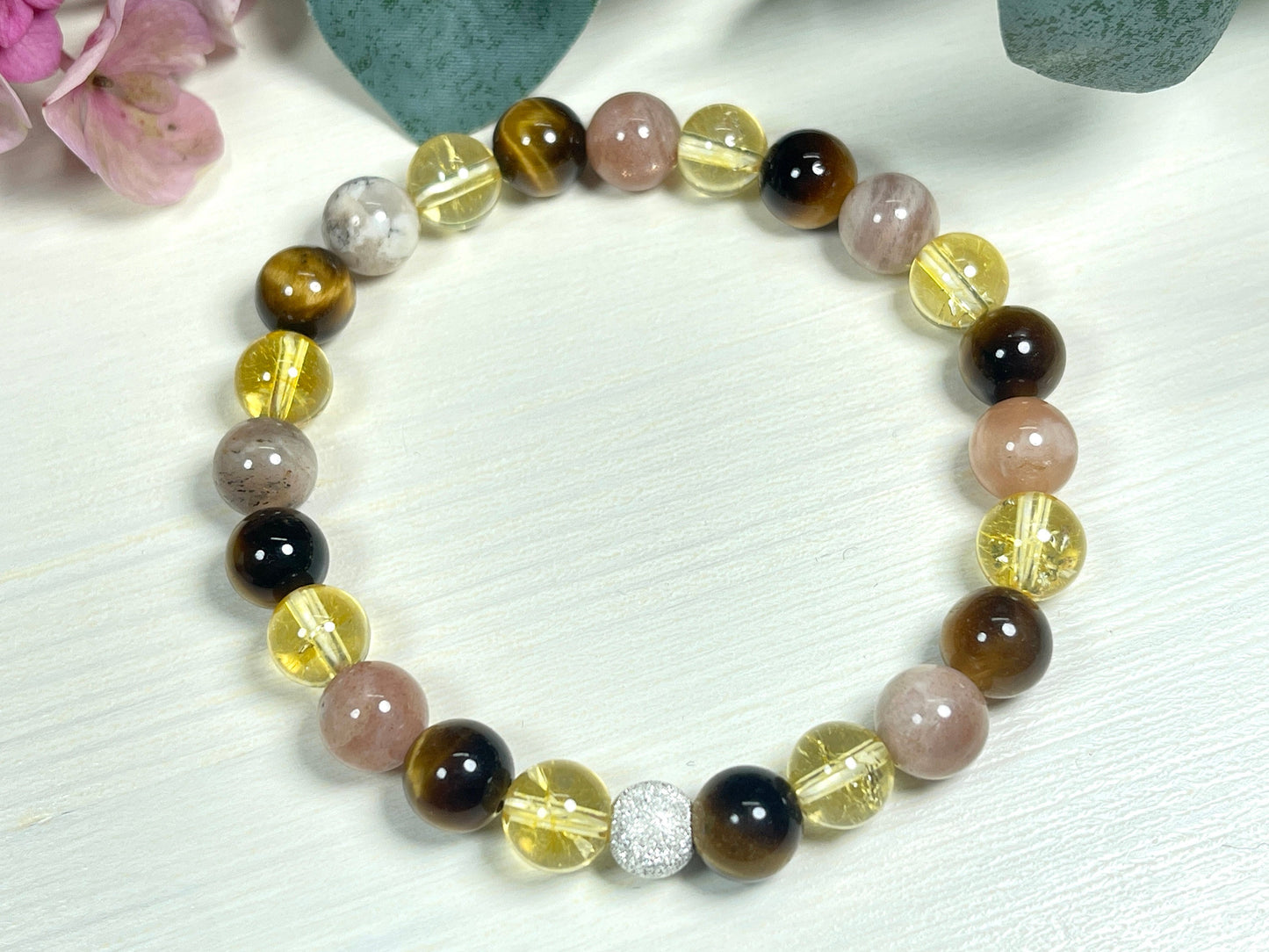 Armband Optimismus Citrin Tigerauge Sonnenstein echt 8mm mit 925er Sterling Silber Gold Roségold 7mm facettiert - Handmade