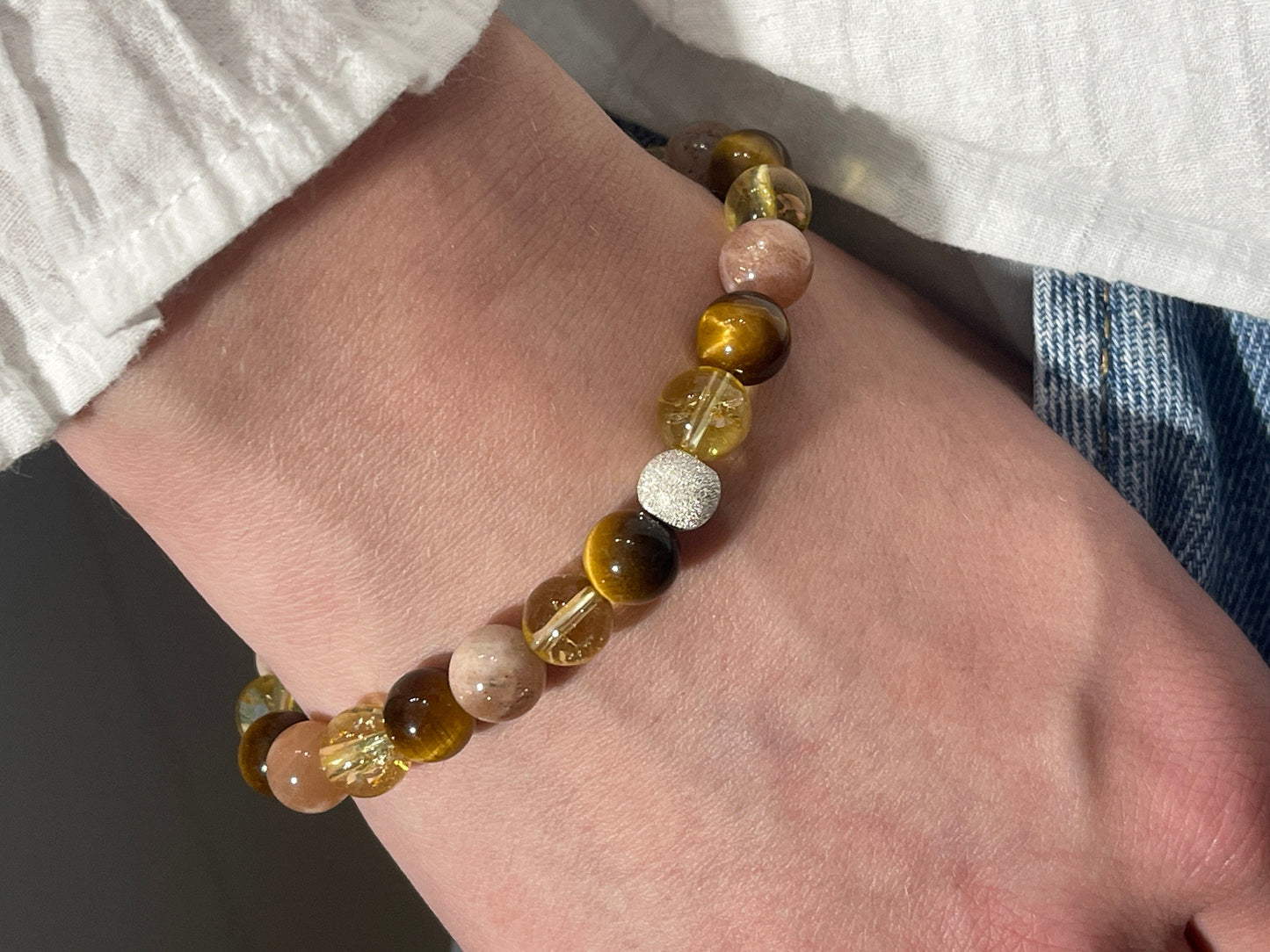 Armband Optimismus Citrin Tigerauge Sonnenstein echt 8mm mit 925er Sterling Silber Gold Roségold 7mm facettiert - Handmade