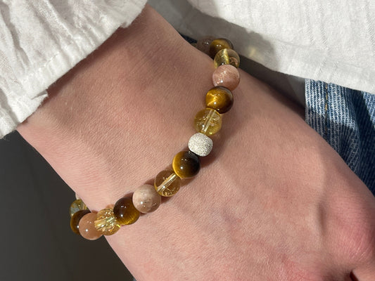 Armband Optimismus Citrin Tigerauge Sonnenstein echt 8mm mit 925er Sterling Silber Gold Roségold 7mm facettiert - Handmade