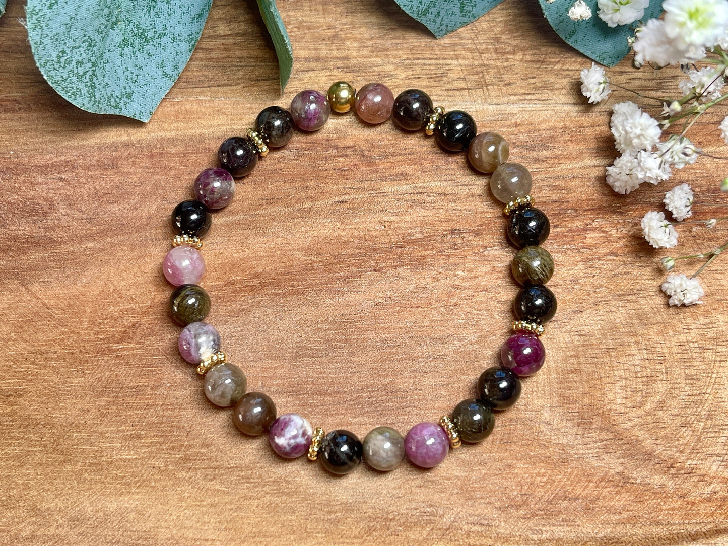 Perlenarmband Wassermelonen Turmalin echt Daisyperlen Vergoldet - spirituelles Armband - Geschenk Schutzstein Kraft Stärke Glück Liebe