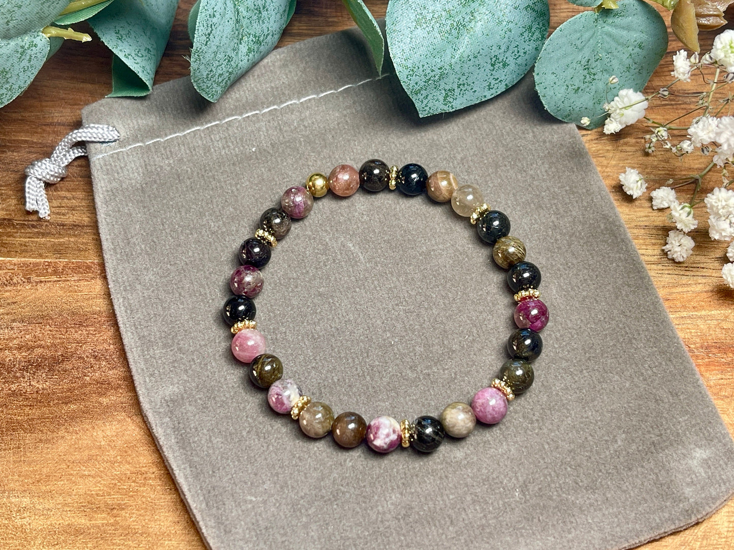 Perlenarmband Wassermelonen Turmalin echt Daisyperlen Vergoldet - spirituelles Armband - Geschenk Schutzstein Kraft Stärke Glück Liebe