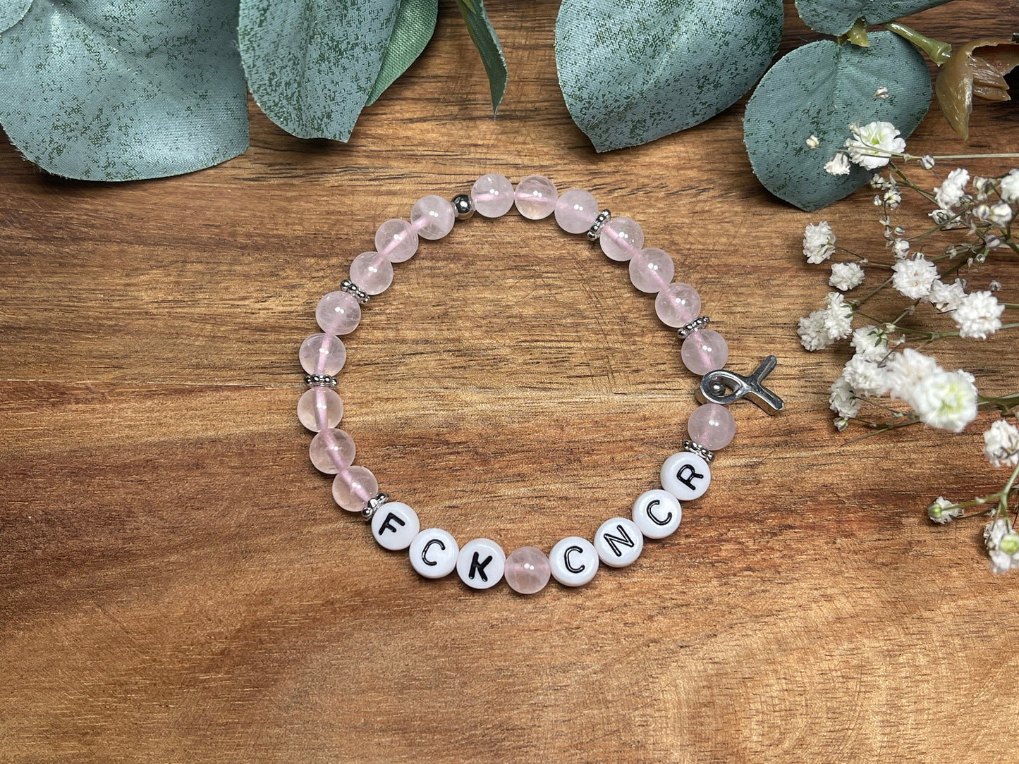Armband Fuck Cancer Rosenquarz echte Naturperlen Krebsschleife - Geschenk Aufmunterung Genesung Talisman  - Glücksbringer Krebs Diagnose