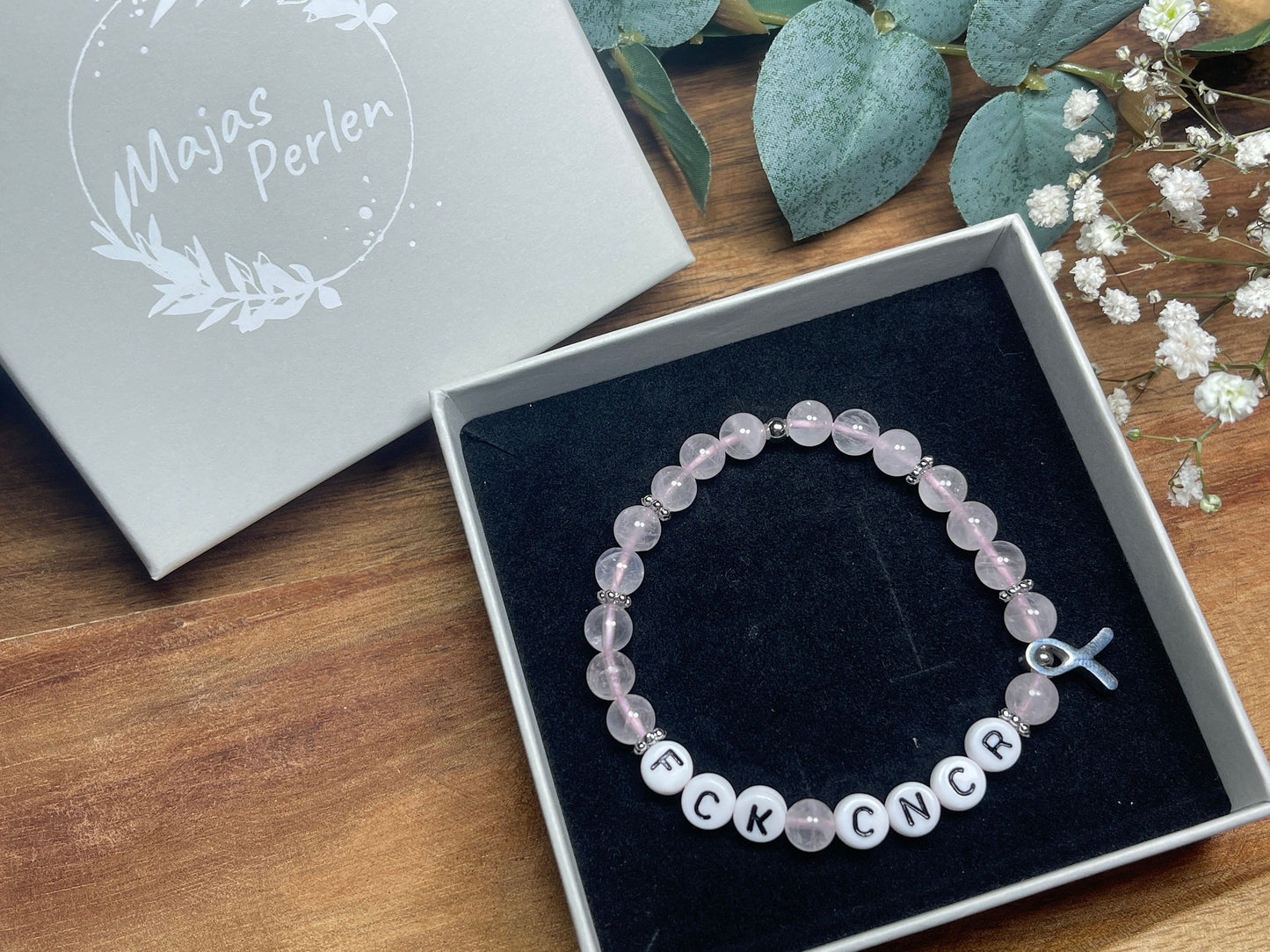 Armband Fuck Cancer Rosenquarz echte Naturperlen Krebsschleife - Geschenk Aufmunterung Genesung Talisman  - Glücksbringer Krebs Diagnose