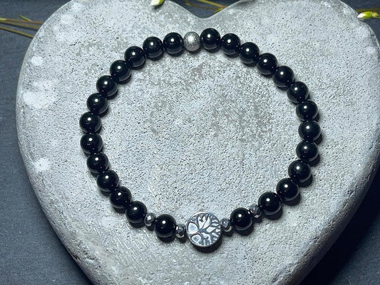 Perlenarmband Achat Schwarz Lebensbaum Hämatit Gunmetal - Dunkelsilber Roségold Silber - spirituelles Armband Wachstum Ganzheit Erdung