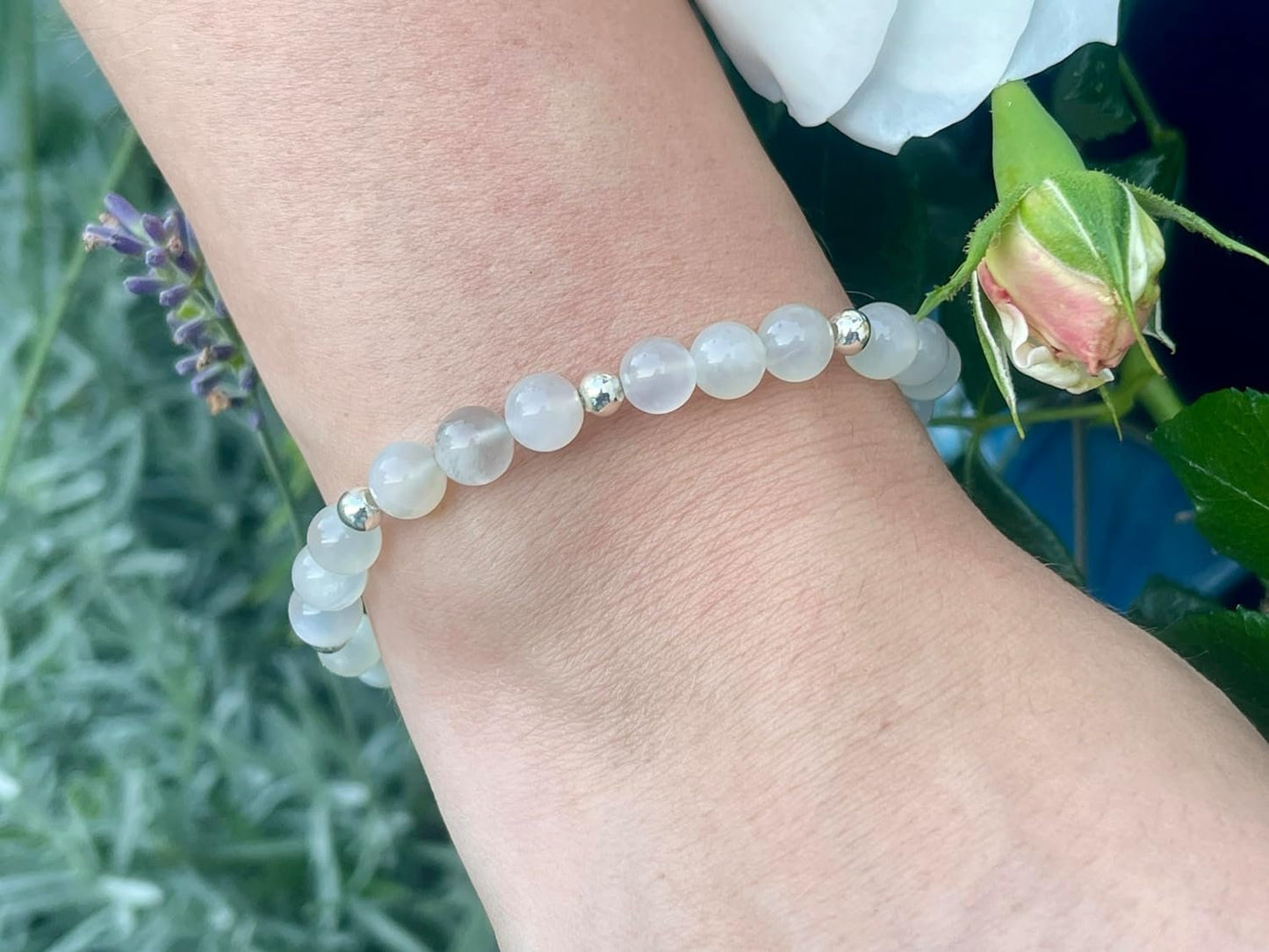 Armband Mondstein Perlen echt 6mm mit Sterling Silber 925 Perlen Gold Roségold plated - Sensibilität Fruchtbarkeit Weiblichkeit - Spirituell