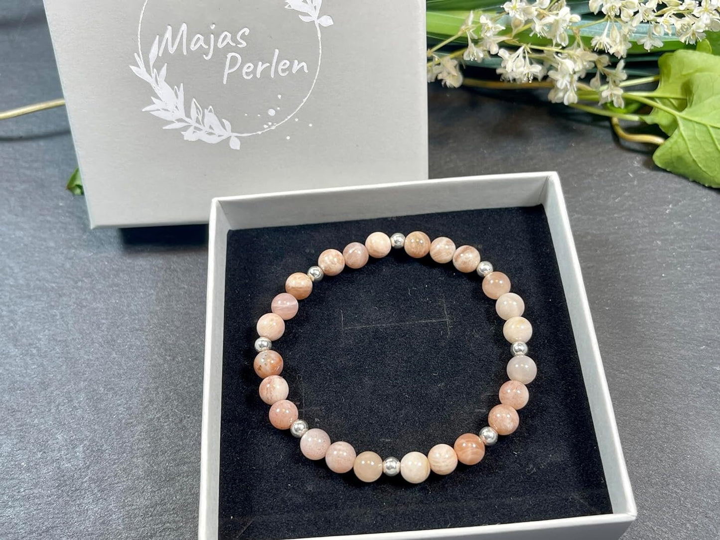 Armband Sonnenstein Mondstein Mix Perlen echt 6mm Sterling Silber 925 Perlen Gold Roségold plated -  Weiblichkeit Heiterkeit Herzenswärme