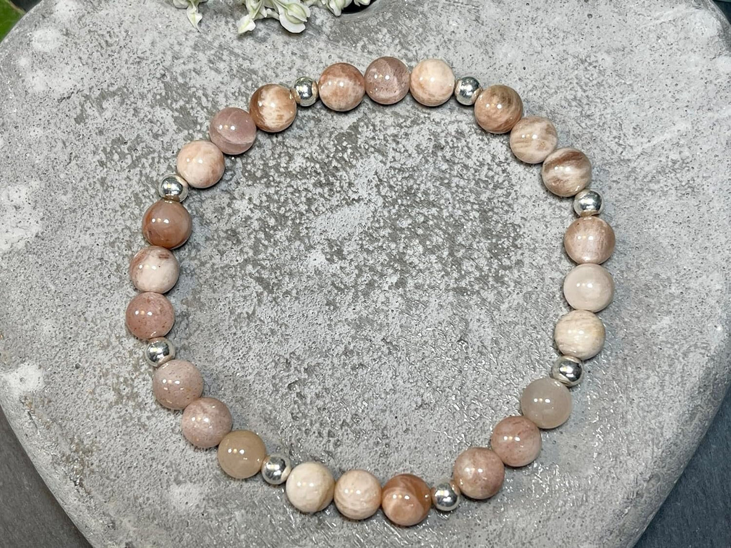 Armband Sonnenstein Mondstein Mix Perlen echt 6mm Sterling Silber 925 Perlen Gold Roségold plated -  Weiblichkeit Heiterkeit Herzenswärme