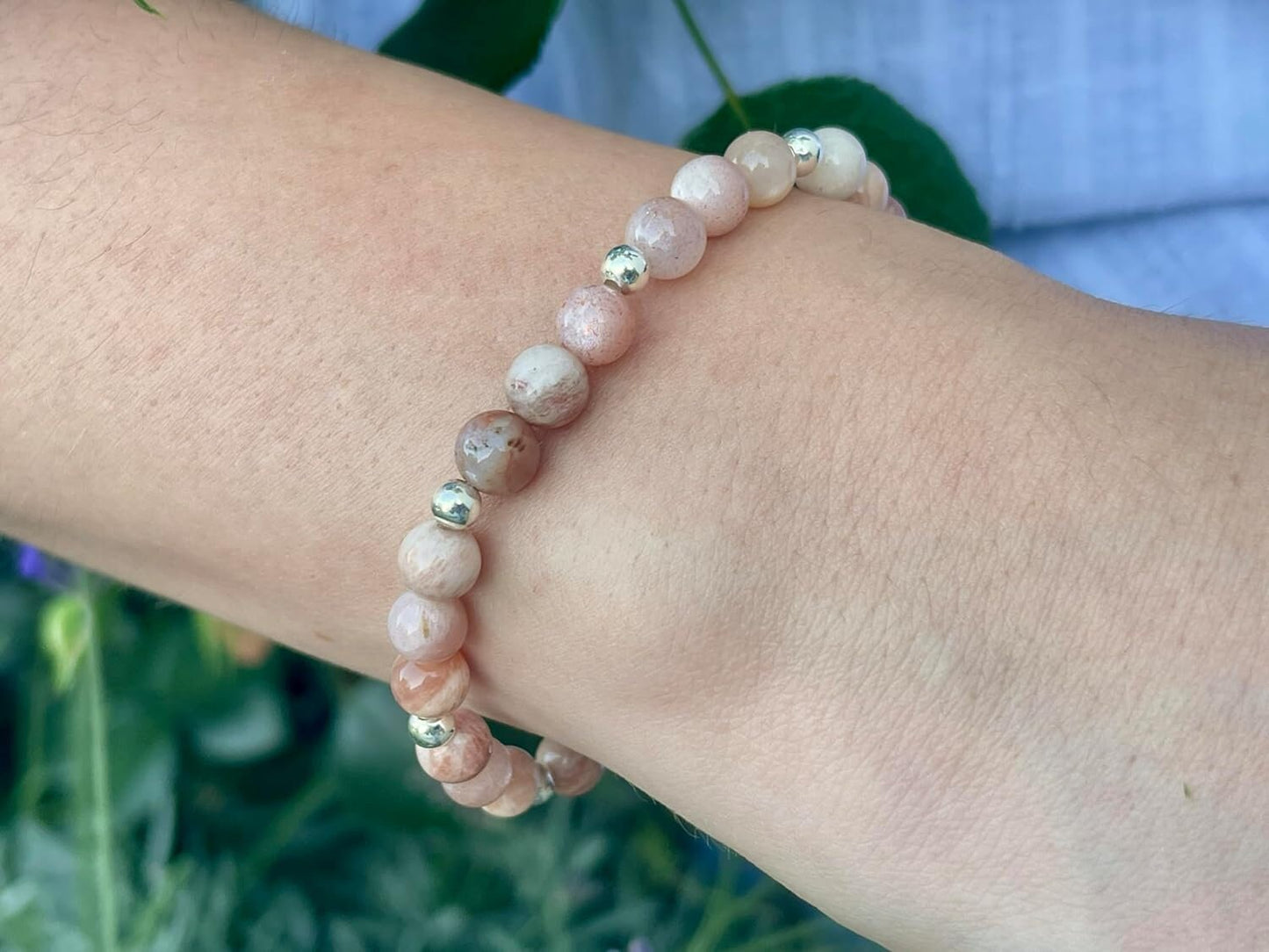 Armband Sonnenstein Mondstein Mix Perlen echt 6mm Sterling Silber 925 Perlen Gold Roségold plated -  Weiblichkeit Heiterkeit Herzenswärme