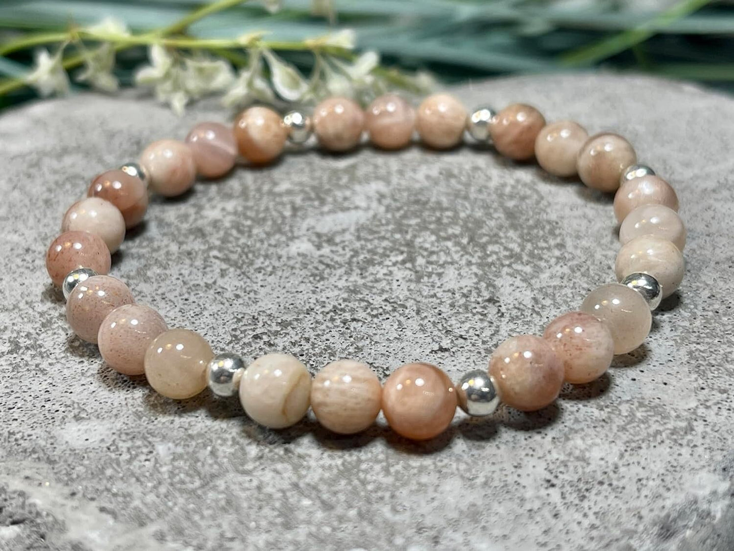 Armband Sonnenstein Mondstein Mix Perlen echt 6mm Sterling Silber 925 Perlen Gold Roségold plated -  Weiblichkeit Heiterkeit Herzenswärme