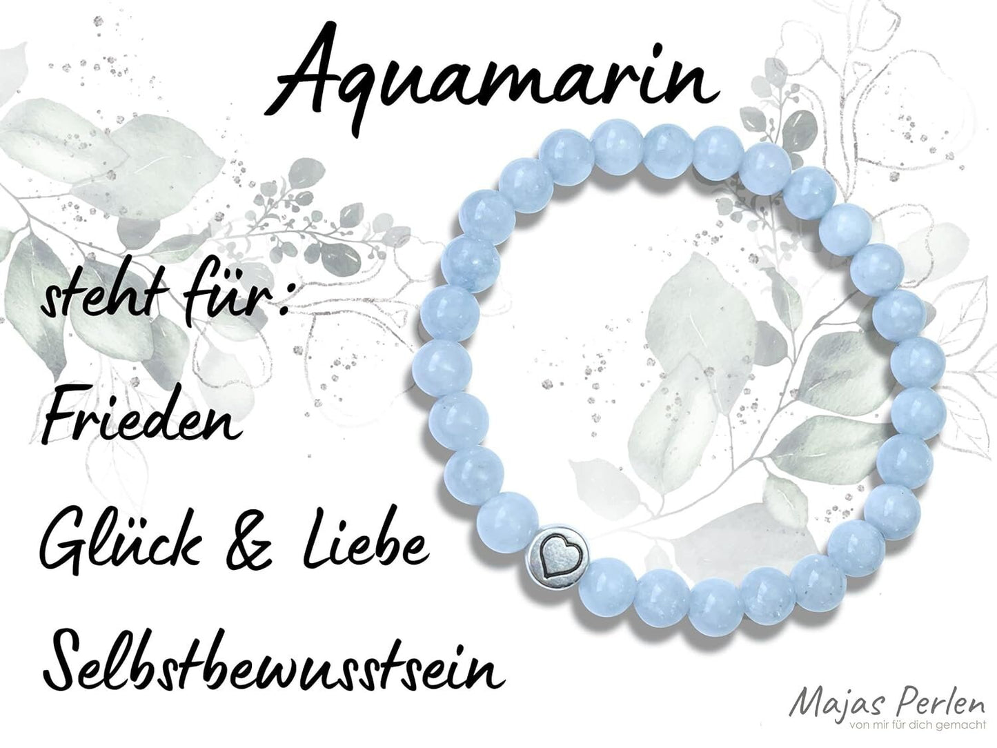 Armband Aquamarin echter Naturstein mit Herz DQ - Silber Gold Roségold Gunmetal - spirituelles Armband - starker Schutzstein - spirituell