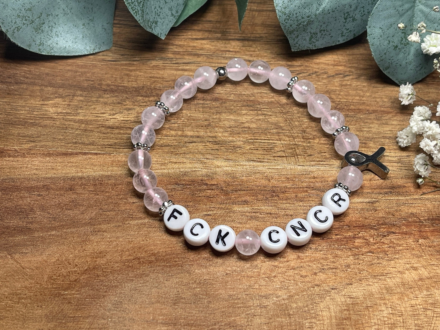Perlenarmband Fuck Cancer Rosenquarz Krebsschleife Edelstahl Silber - verschiedene Natursteine - Glücksbringer Krebs Aufmunterung
