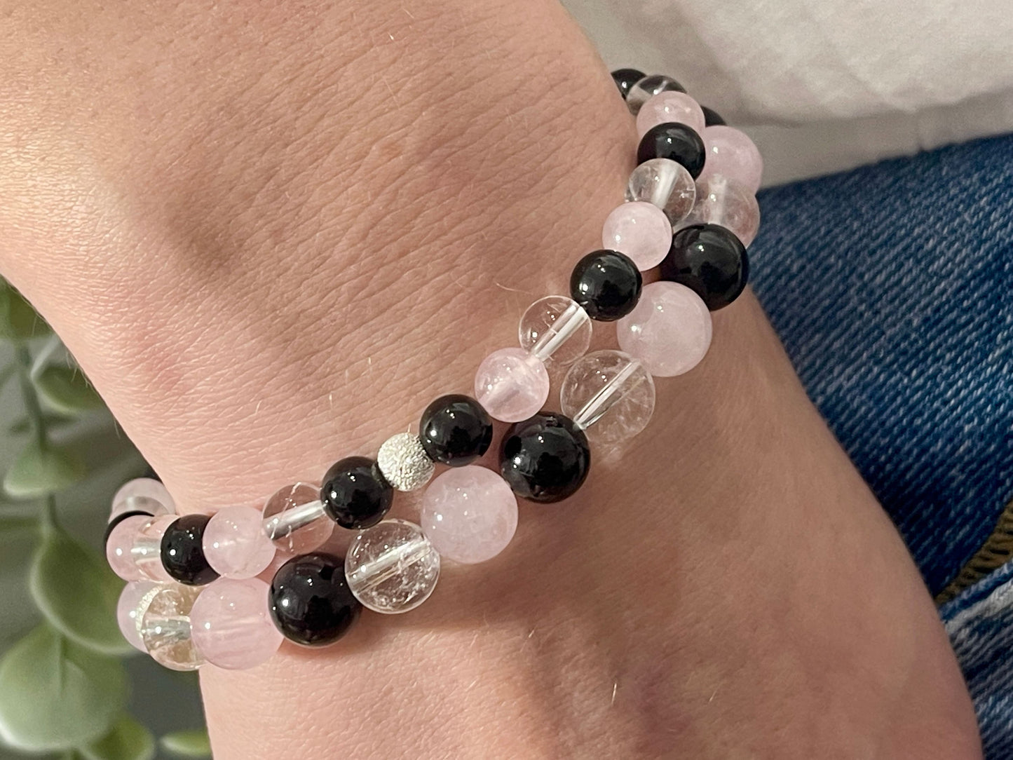 Armband Achtsamkeit Bergkristall Turmalin Rosenquarz echt 6mm mit 925er Sterling Silber Gold Roségold 5mm facettiert - Handmade