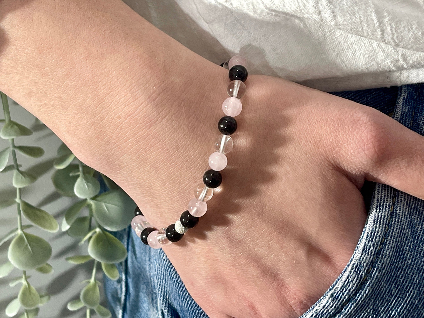 Armband Achtsamkeit Bergkristall Turmalin Rosenquarz echt 6mm mit 925er Sterling Silber Gold Roségold 5mm facettiert - Handmade