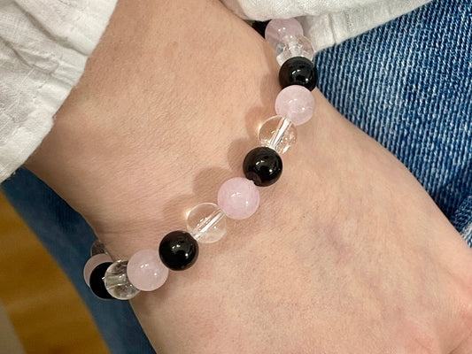 Armband Achtsamkeit Bergkristall Turmalin Rosenquarz echt 8mm mit 925er Sterling Silber Gold Roségold 7mm facettiert - Handmade