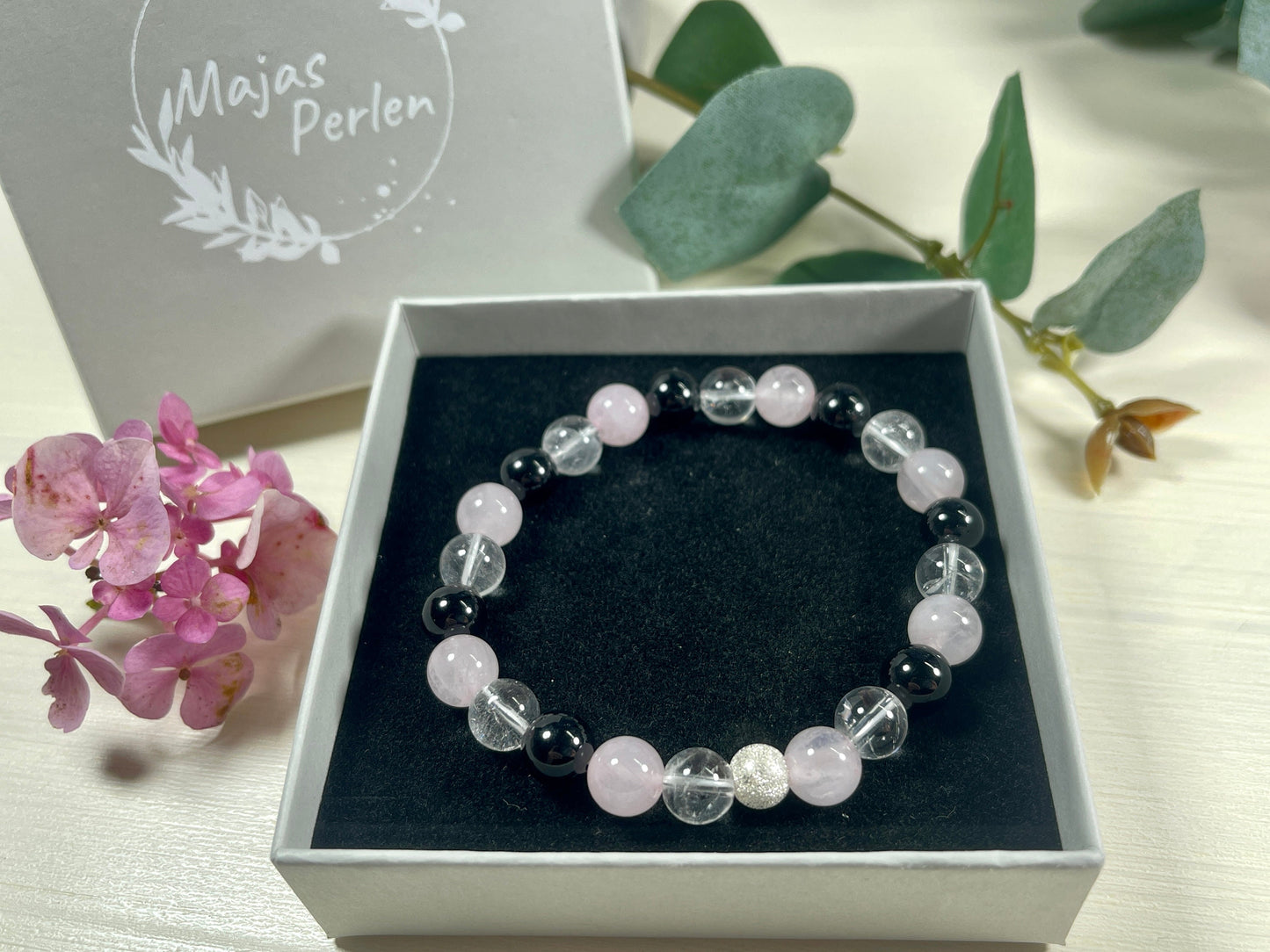 Armband Achtsamkeit Bergkristall Turmalin Rosenquarz echt 8mm mit 925er Sterling Silber Gold Roségold 7mm facettiert - Handmade