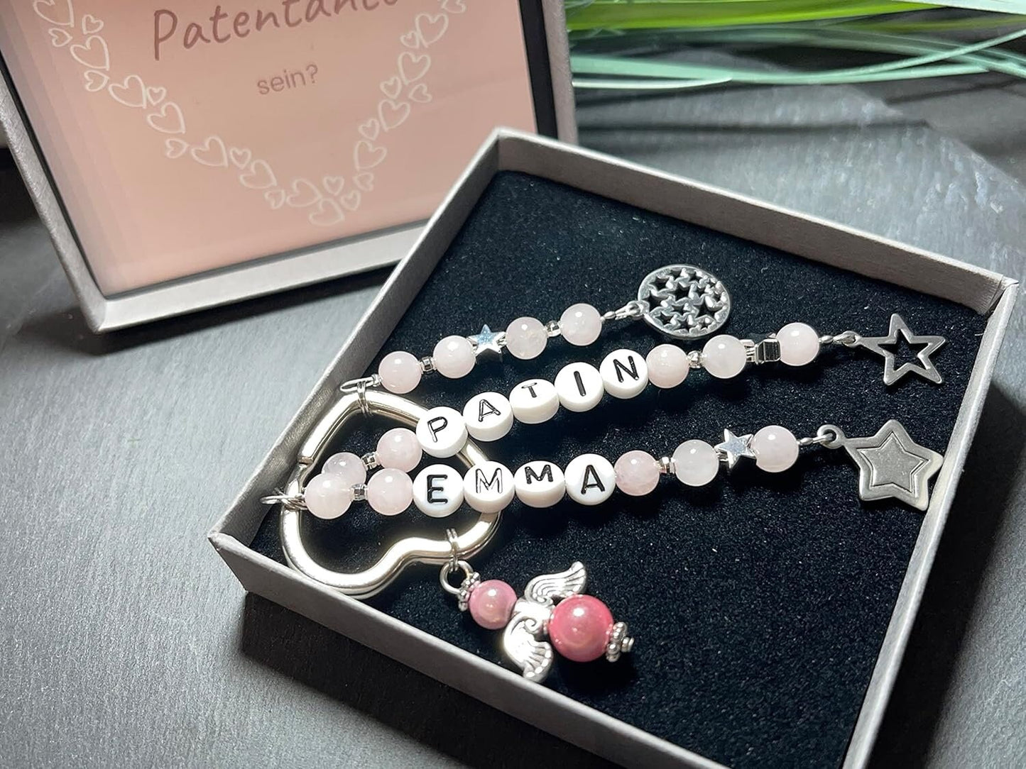 Schlüsselanhänger Patin und Name aus Rosenquarz  - Geschenk Frage Patenschaft Andenken Taufe Taufgeschenk -  Edelsteine wählbar anpassbar
