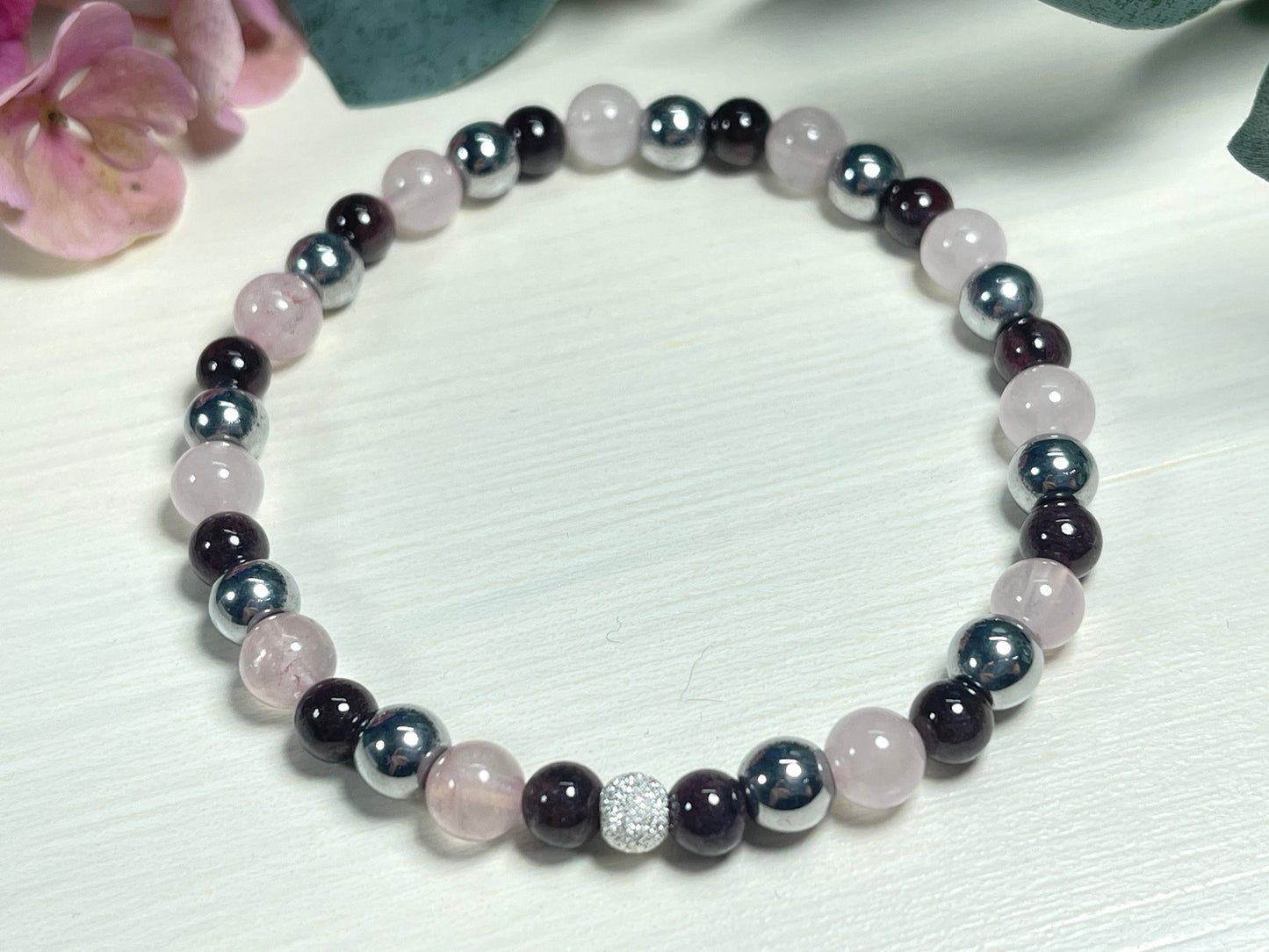 Armband Fruchtbarkeit Granat Rosenquarz Hämatit echt 6mm mit 925er Sterling Silber Gold Roségold 5mm facettiert - Handmade